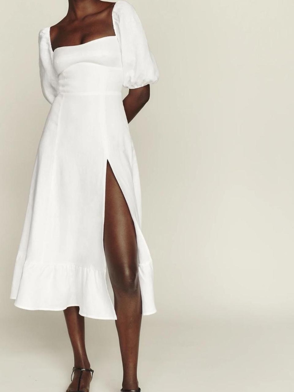 Reformation White Midi Dress with Puff Sleeves and Side Slit
